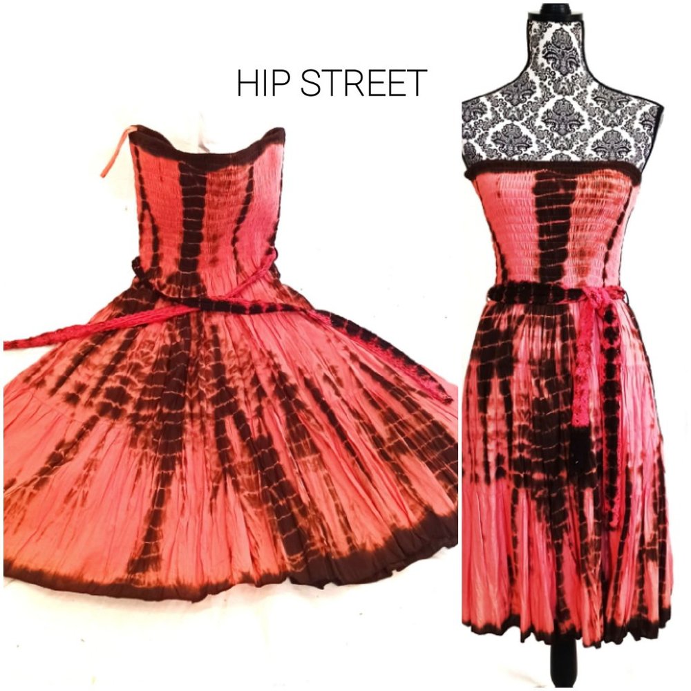 RAYA SUN Tube Top Strapless Crinkle Cotton TIE DYE Sun Dress S